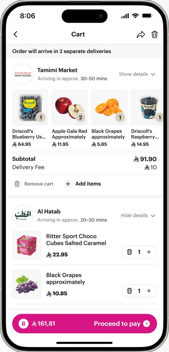 One cart with orders from several stores