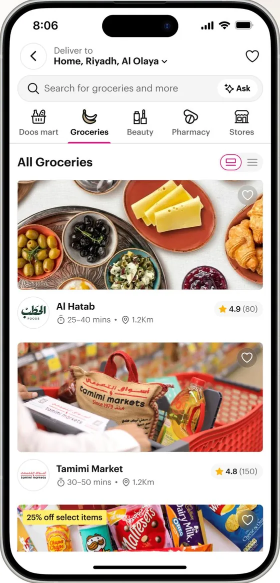 The groceries screen in the Doos app