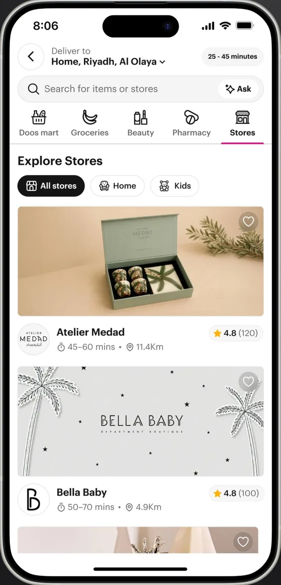 The stores screen in the Doos app